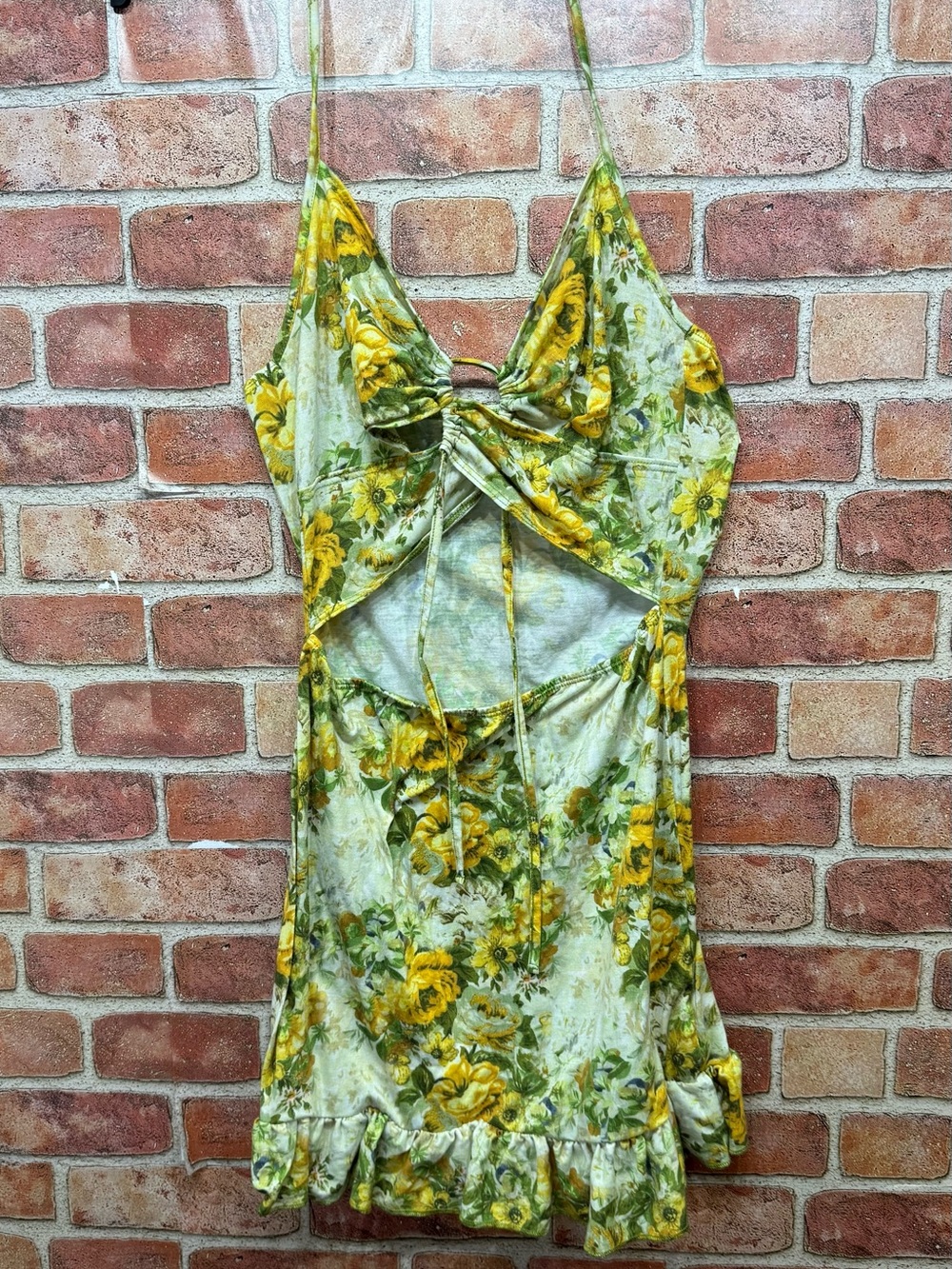 Floral Halter feminine romantic cut out mini ruffled hem cottage Y2K Sundress